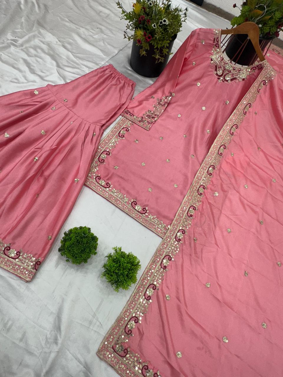 Designer Chinon Silk Pink Sharara Set with Sequin Work