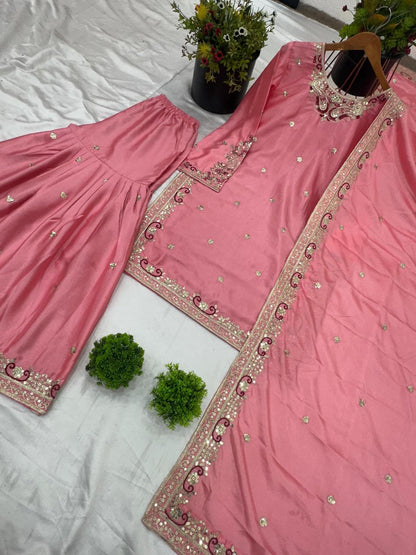 Designer Chinon Silk Pink Sharara Set with Sequin Work