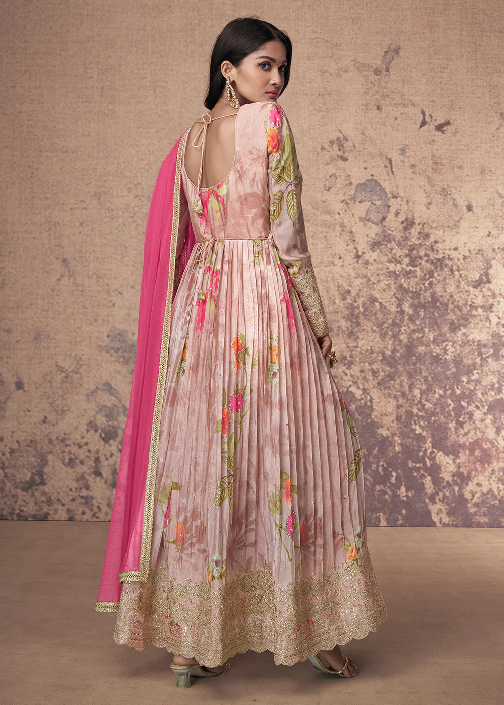 Pink Zari Embroidered Anarkali Gown with Digital Print & Net Dupatta