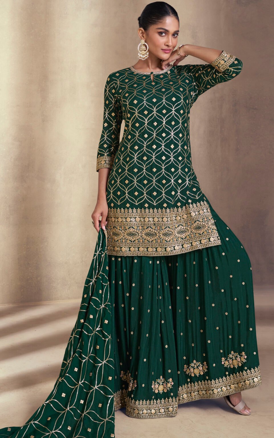 Green Indo-Western Georgette Punjabi Sharara Suit Set with Chinon Dupatta