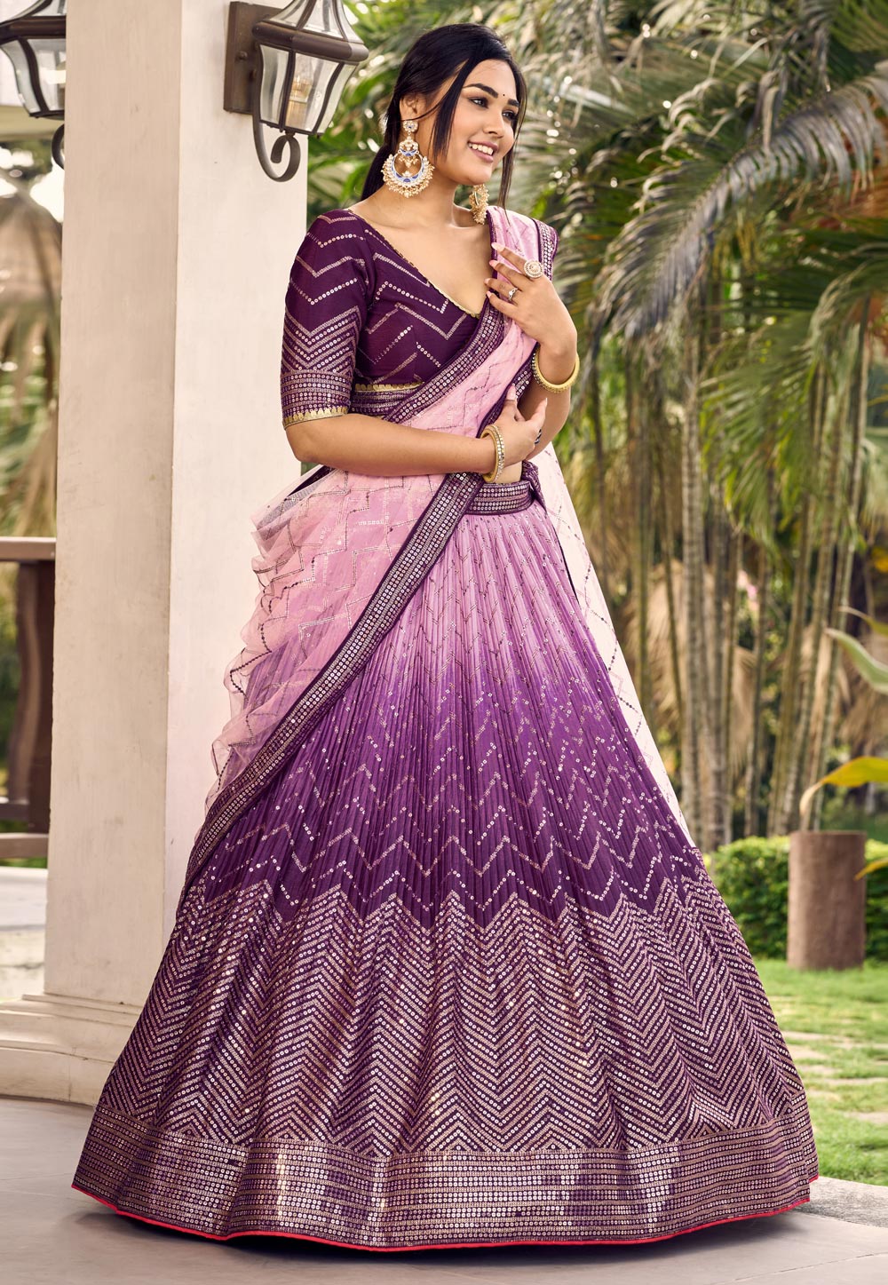 Purple Ombre Glitter Sequins Lehenga Choli Set with Embroidered Net Dupatta