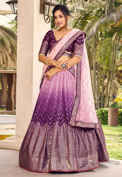 Purple Ombre Glitter Sequins Lehenga Choli Set with Embroidered Net Dupatta