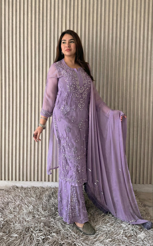 Purple Elegant Chikankari Kurta Sharara Set with Dupatta