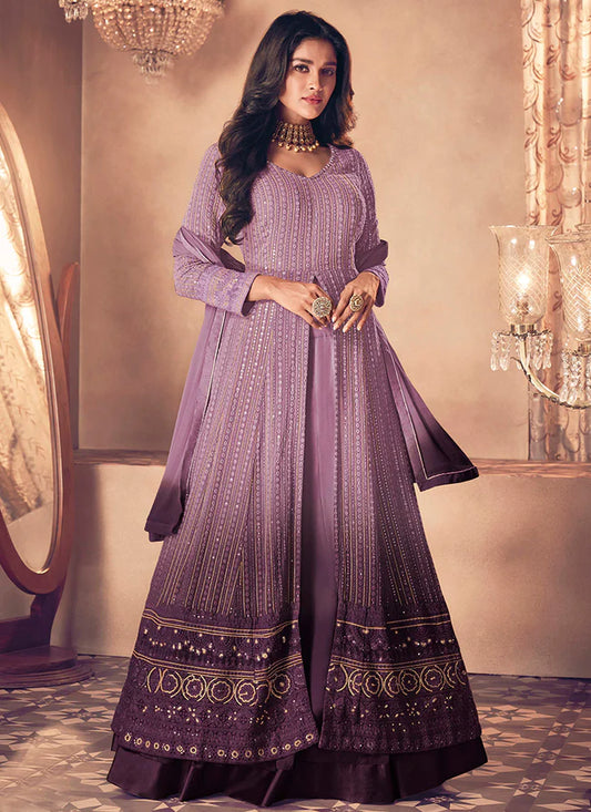 Purple Ombre Regal Embroidered Front Slit Long Choli Lehenga Set