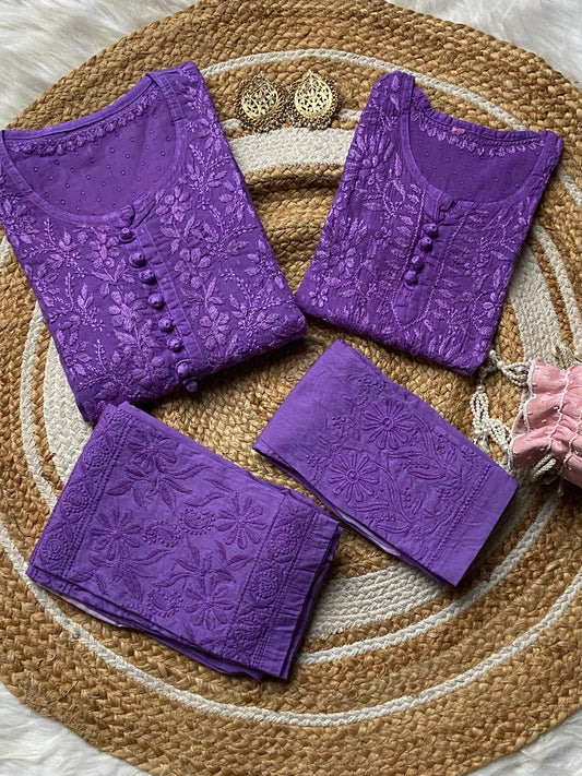 Purple Mother-Daughter Chikankari Set Dobby Cotton Kurti & Lycra Stretchable Pant Co-ord Set