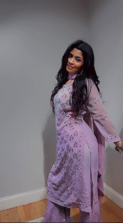 Purple Chikankari Elegance Ombré Mirror Booti Jaal Set - Kurti, Sharara & Dupatta (Art.by.piyali)