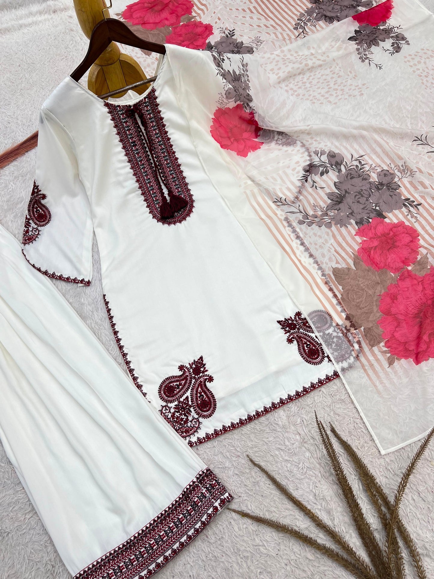 White Pakistani Farsi salwar kurta set with maroon embroidery and floral dupatta
