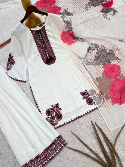 White Pakistani Farsi salwar kurta set with maroon embroidery and floral dupatta