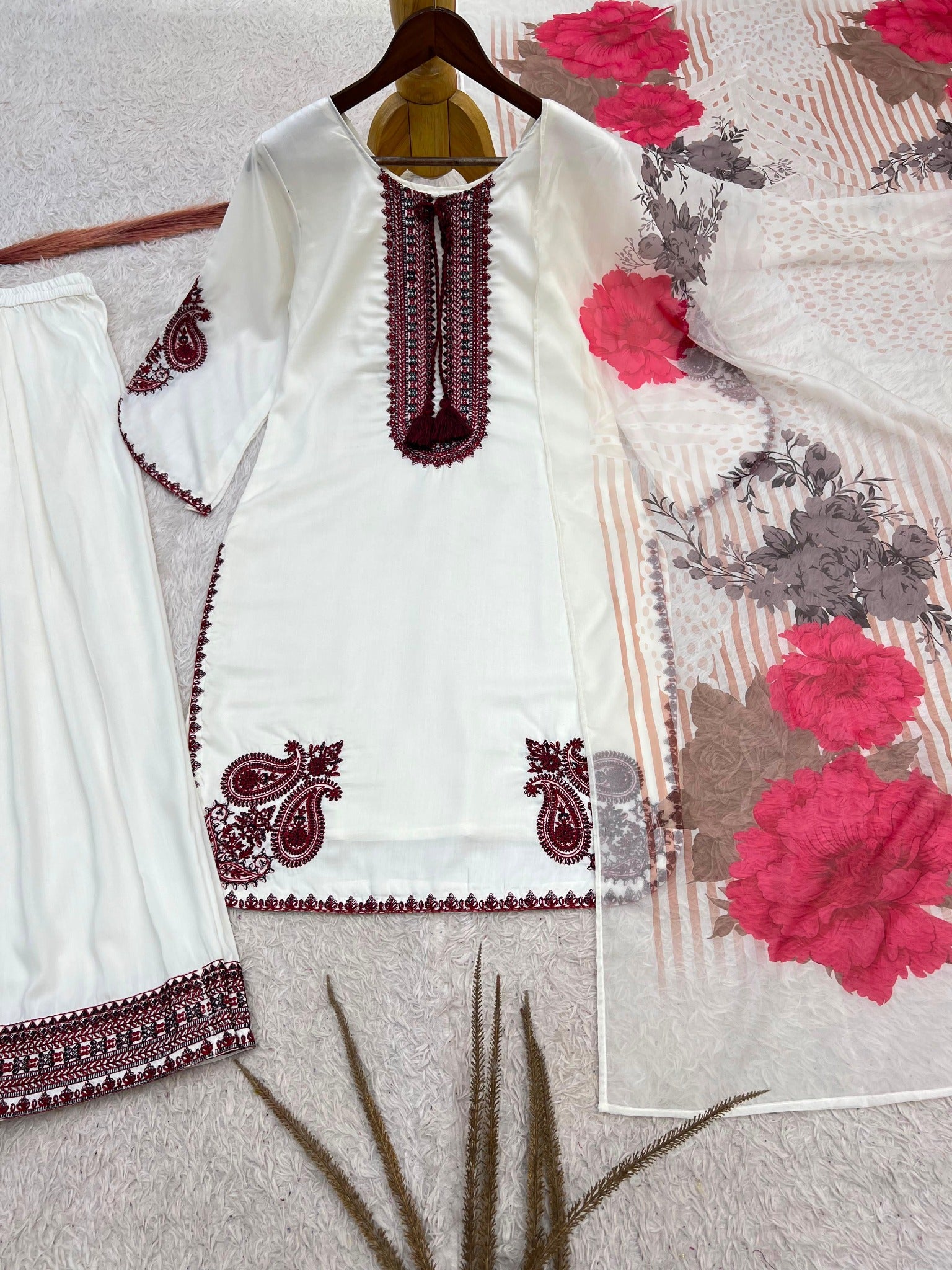 White Maska cotton kurta with maroon embroidery and floral printed dupatta