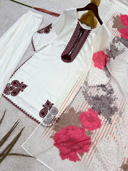 White Pakistani suit with printed floral dupatta product photo