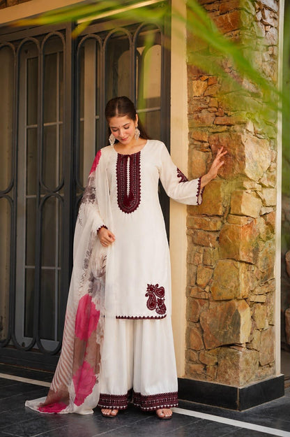 White embroidered kurta with maroon neckline and floral dupatta