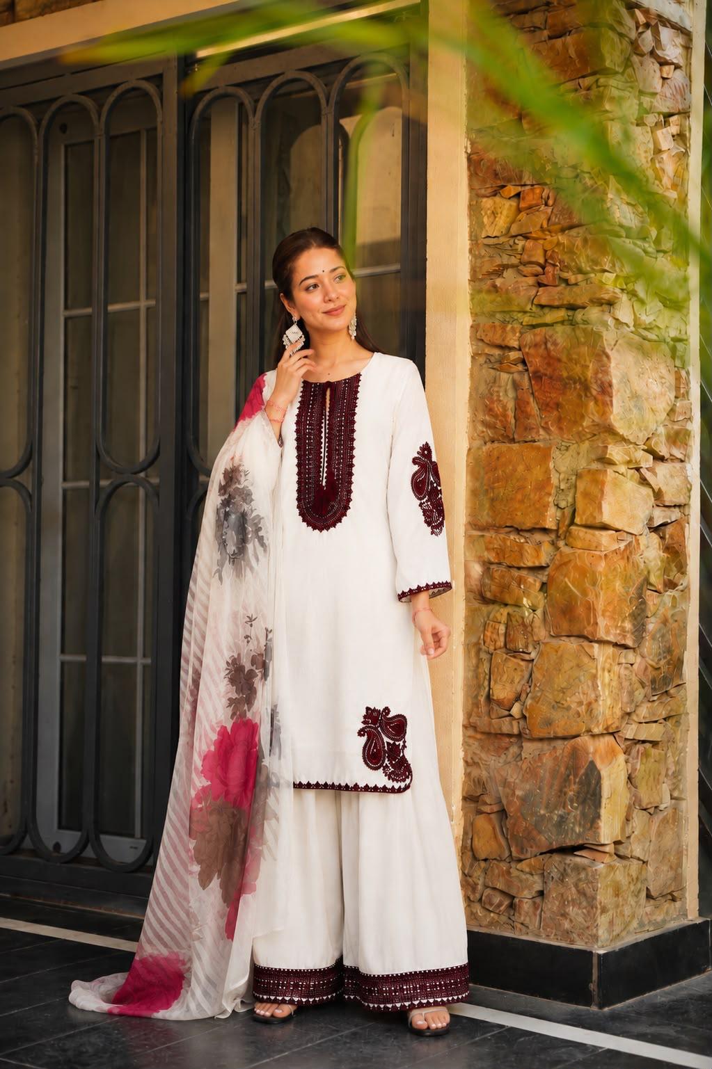 White kurta and salwar set with maroon embroidery and digital print dupatta