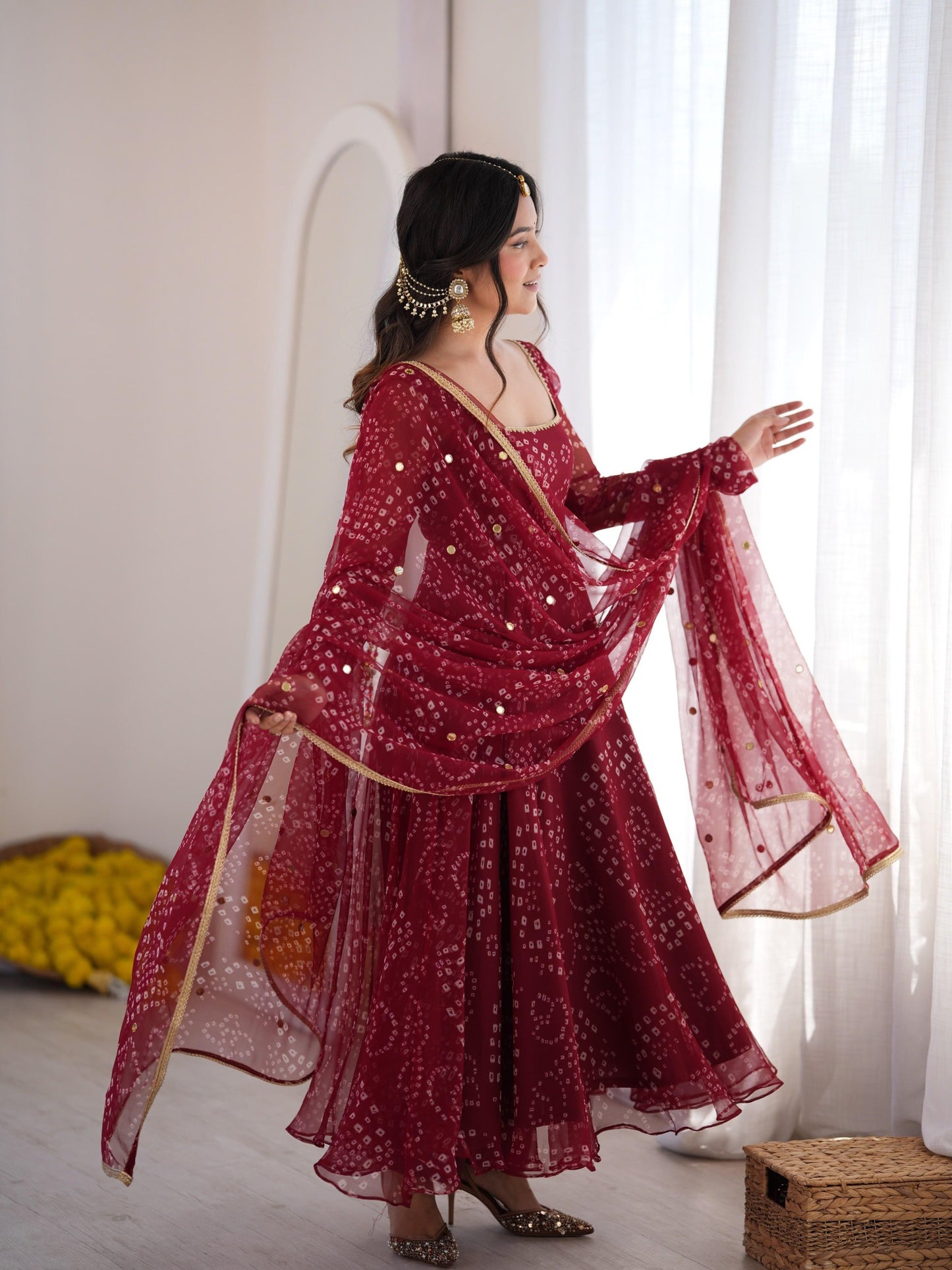 Red faux georgette designer gown set with dupatta
