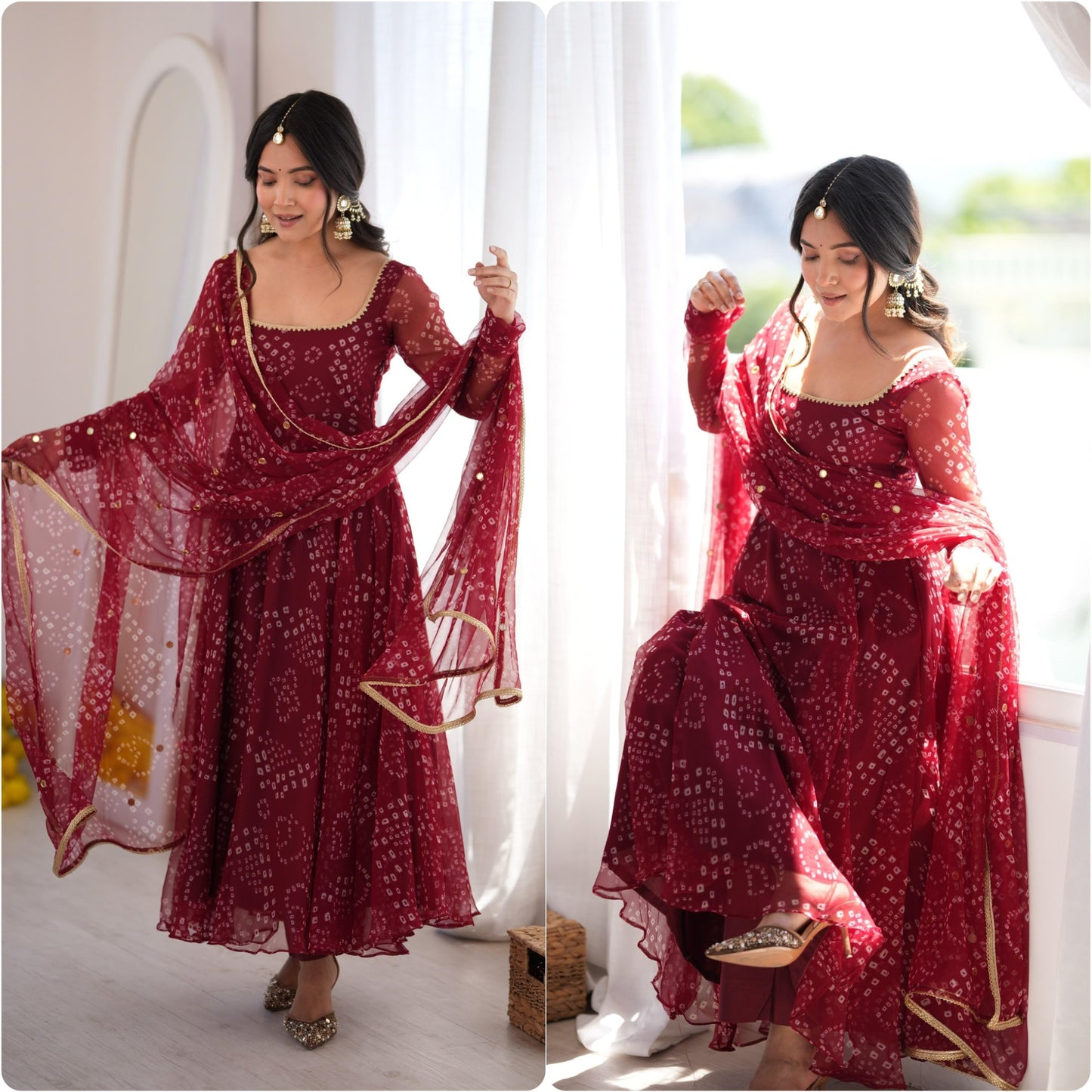Red faux georgette designer gown full view