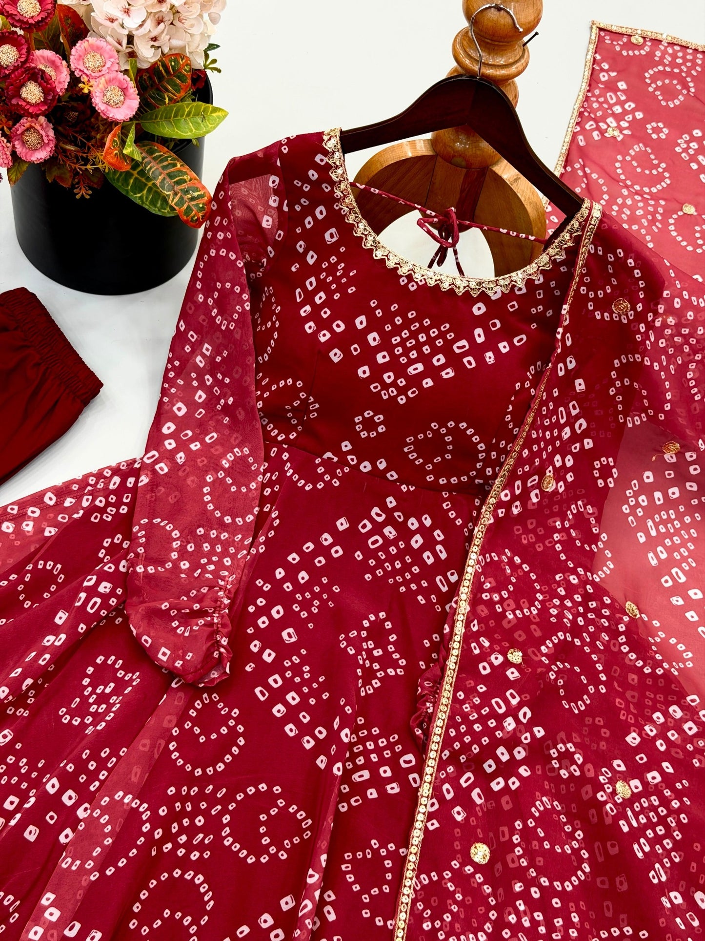 Red faux georgette digital print gown fabric detail