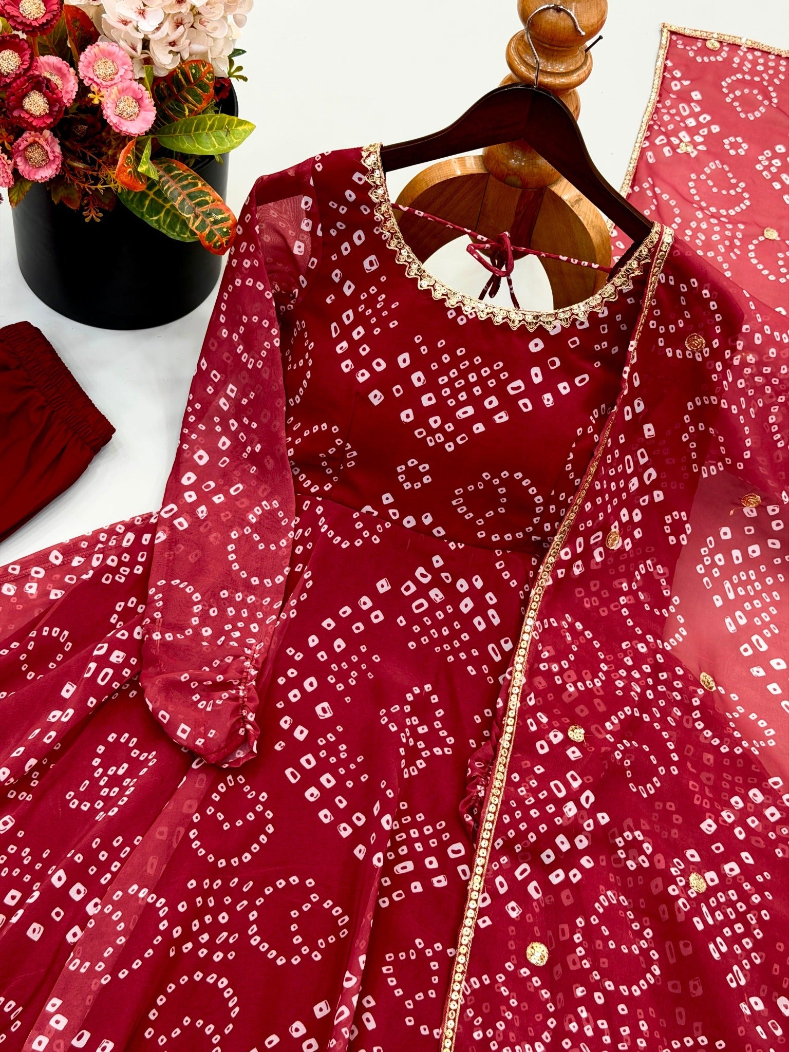 Red faux georgette digital print gown fabric detail