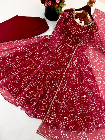 Red faux georgette gown pant and dupatta set flat lay