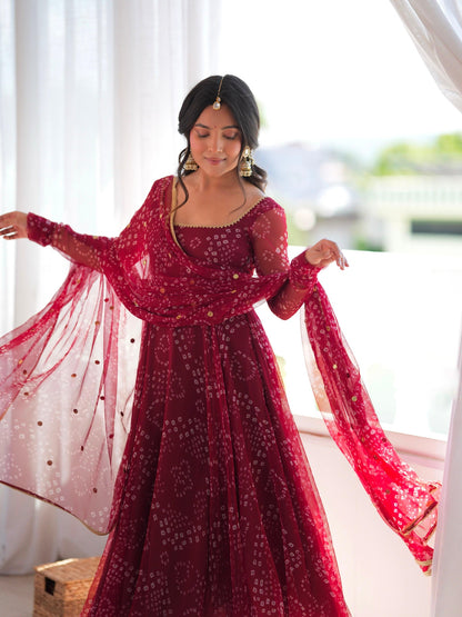 Red faux georgette designer gown front styling