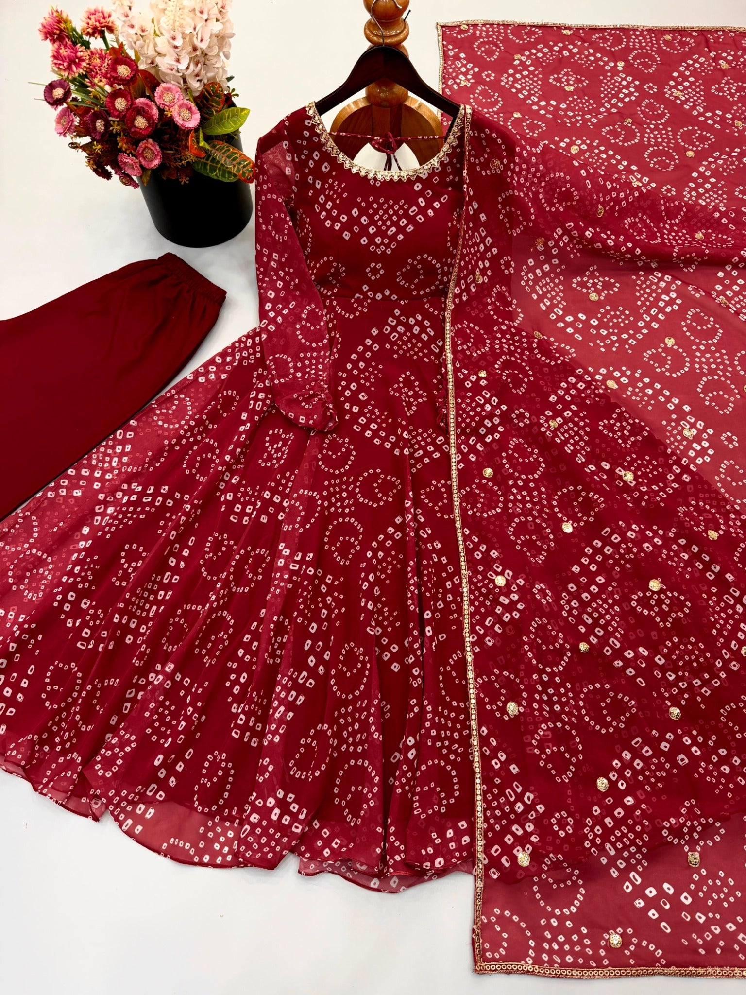 Red faux georgette gown complete set flat lay