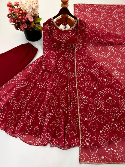 Red faux georgette gown complete set flat lay