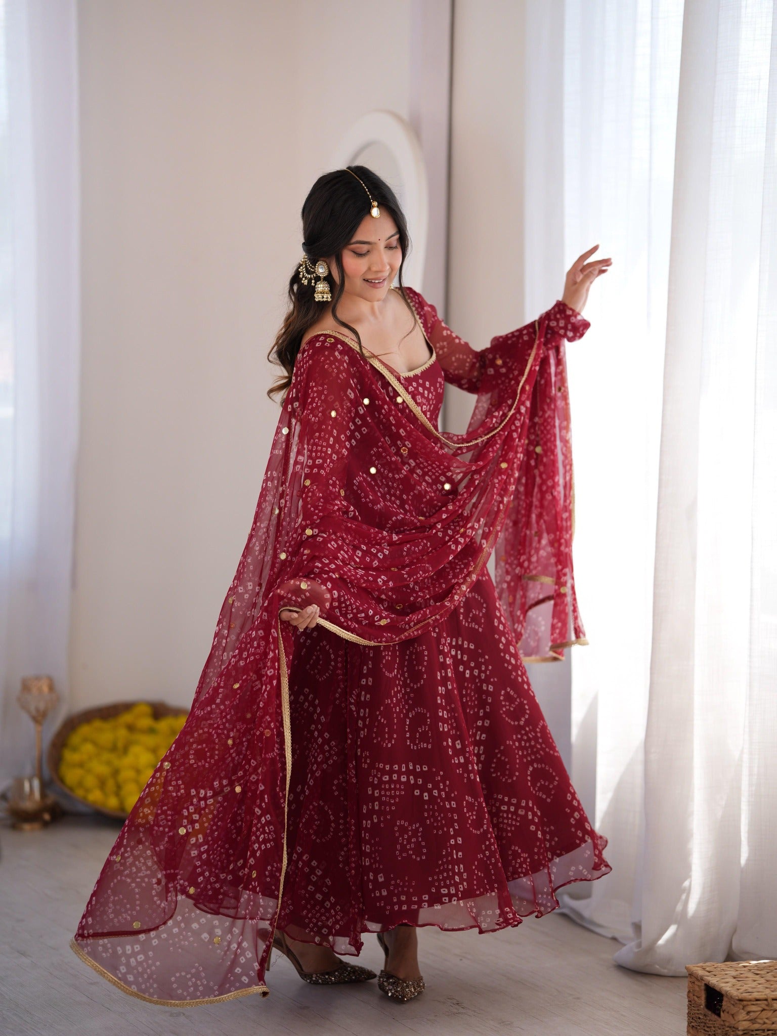 Red faux georgette gown lifestyle full length