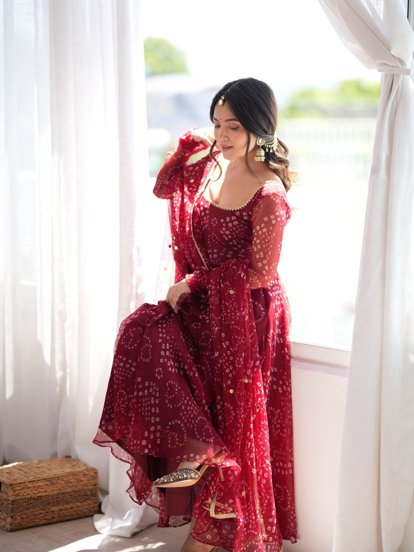 Red faux georgette designer gown window styling