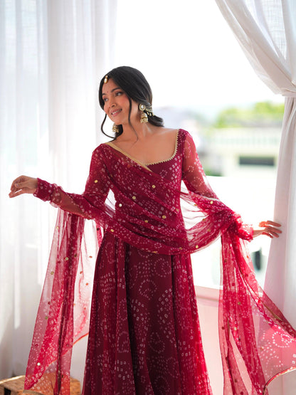 Red faux georgette gown dupatta drape view