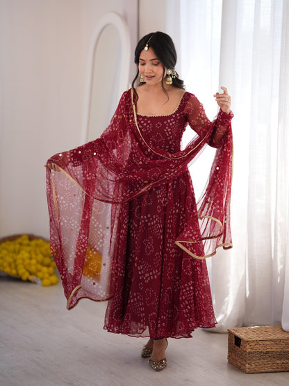 Red faux georgette gown full length front view