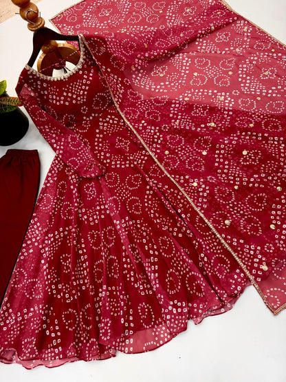Red faux georgette gown and dupatta detailed flat lay