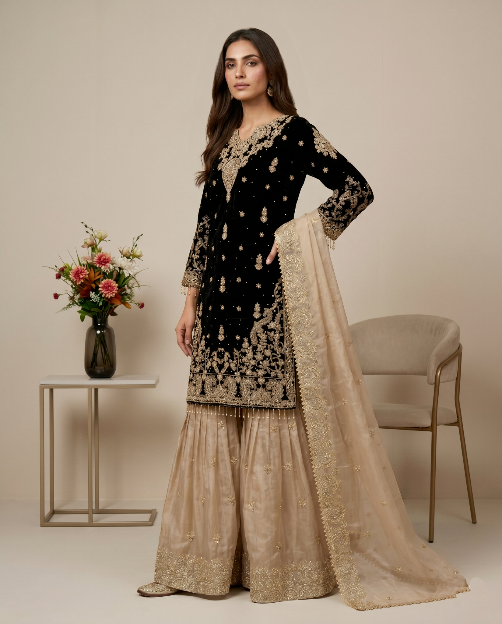 Elegant Designer Black and Beige Readymade Salwar Suit