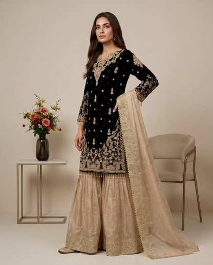Elegant Designer Black and Beige Readymade Salwar Suit