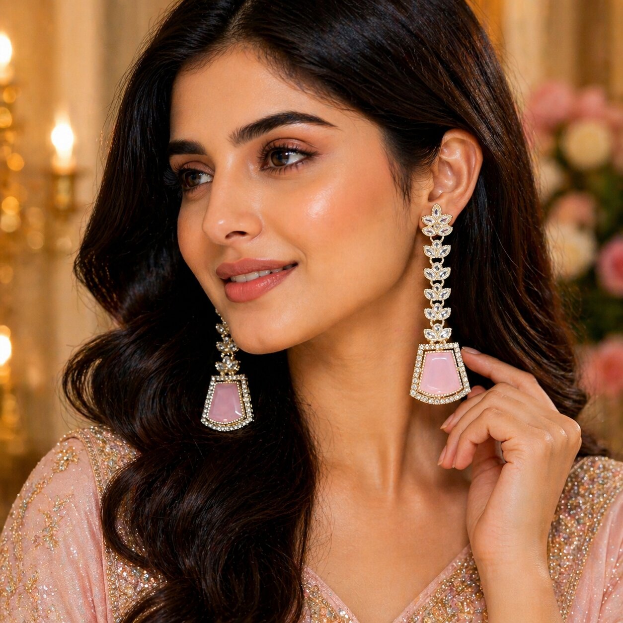 Baby pink imitation earrings worn by model