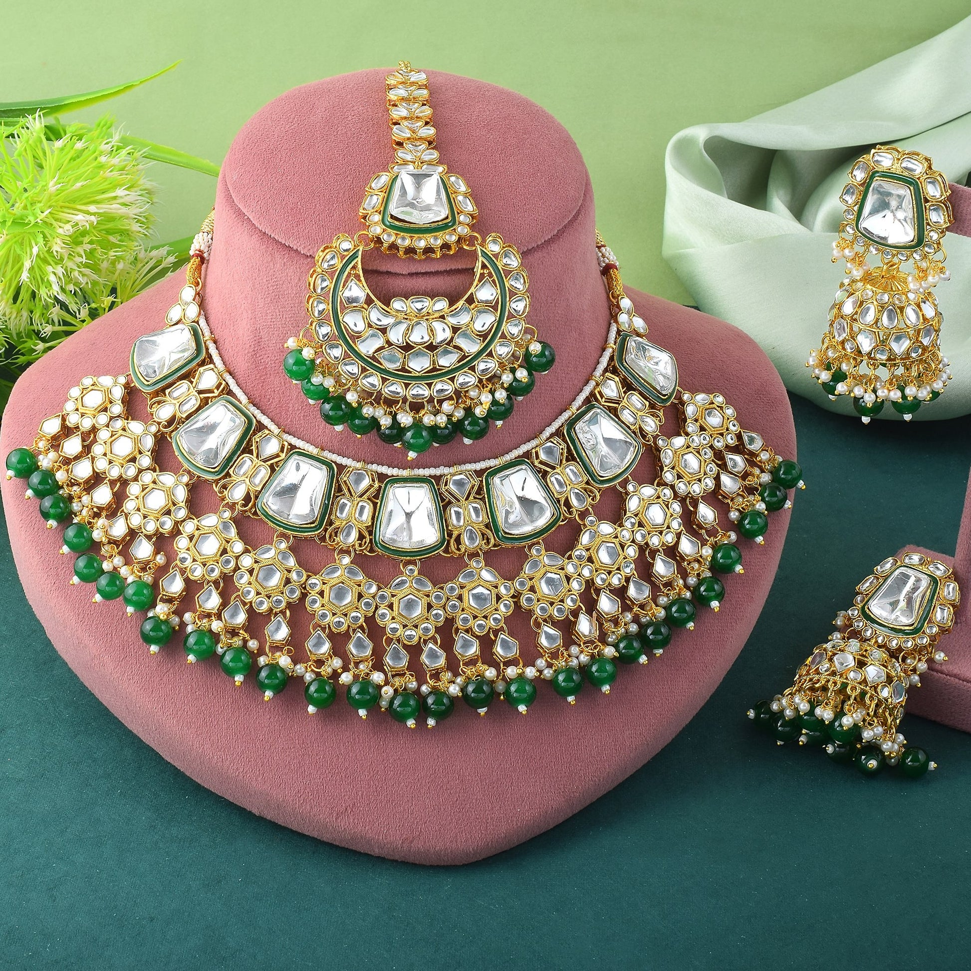 Classic Premium Green Function Wear Necklace Set with earrings and maang tikka display