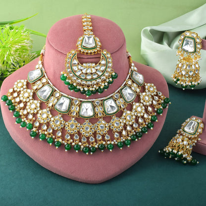 Classic Premium Green Function Wear Necklace Set with earrings and maang tikka display