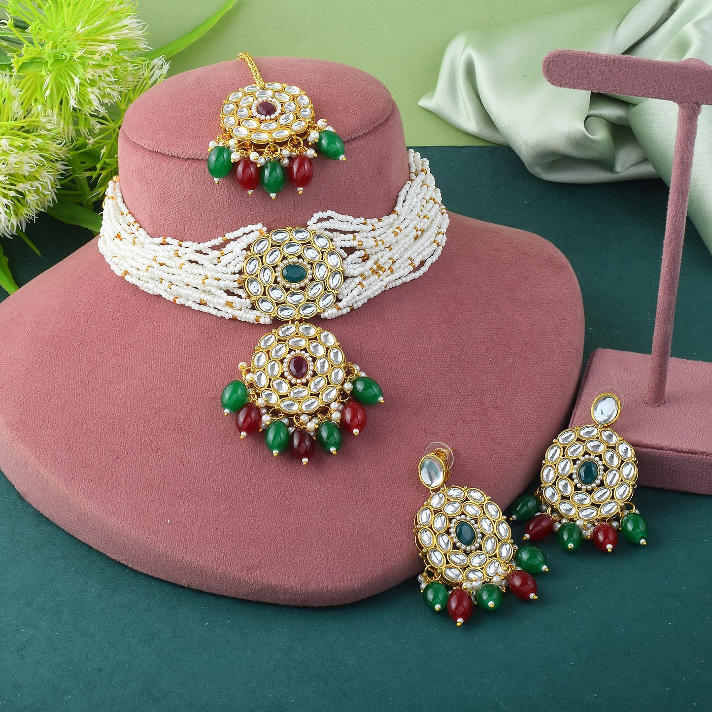 Classic Premium Multi Kundan Function Wear Necklace Set with earrings and maang tikka