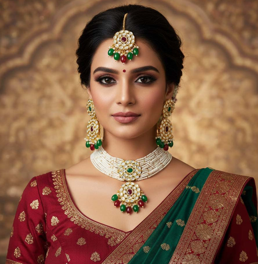 Classic Premium Multi Function Wear Necklace Set styled with traditional saree