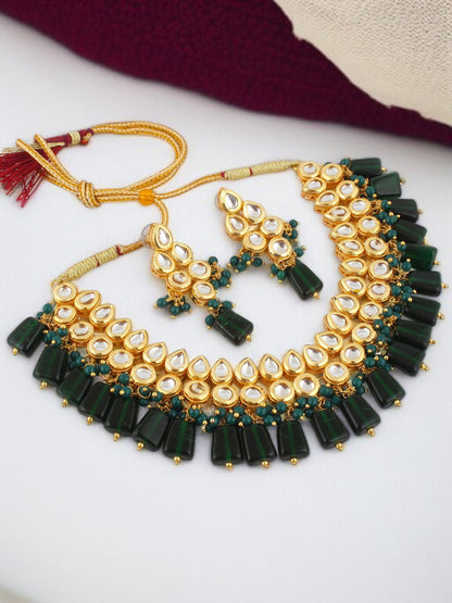 Classic Premium Green Kundan Necklace Set with matching earrings flat lay