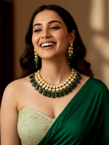 Classic Premium Green Kundan Necklace Set worn with green saree