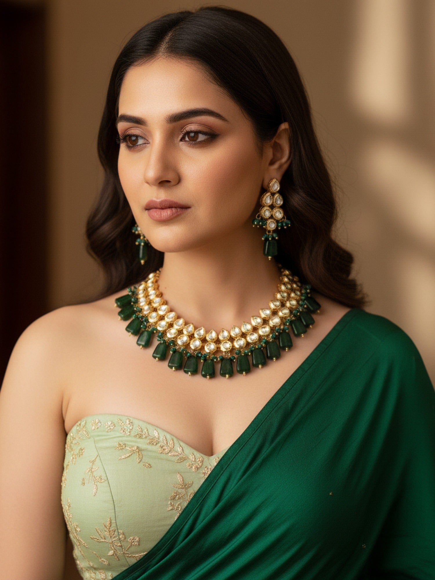 Classic Premium Green Kundan Necklace Set styling image