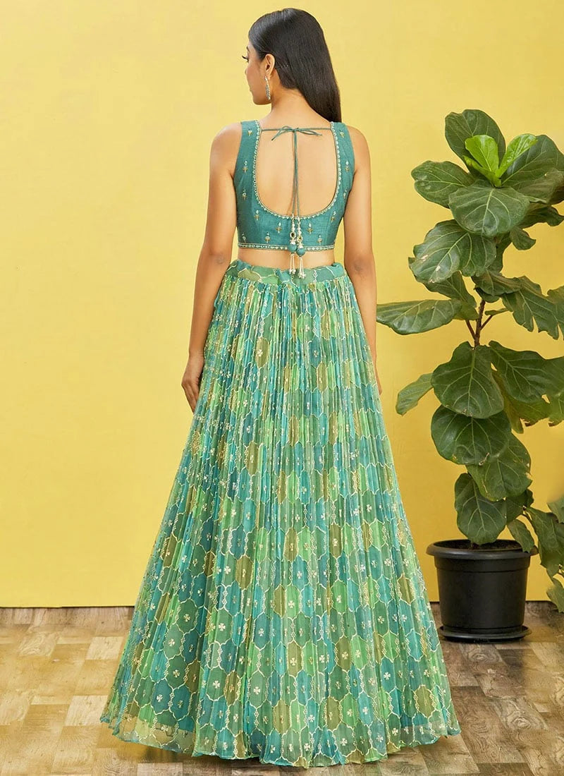 Rama Green Organza Wedding Guest Lehenga Choli Set