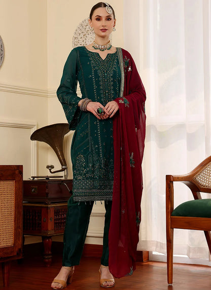 Rama Green Pakistani Salwar Suit with Sequins & Zari Stone Work