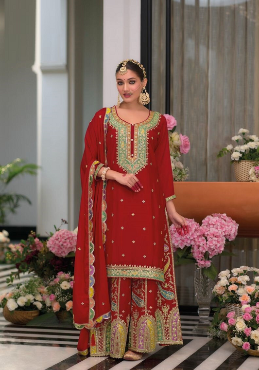 Red Exclusive Punjabi Salwar Kameez Set with Heavy Embroidery and Sequins Work