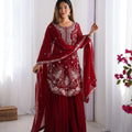 Wine Red Georgette Sharara Set with Thread & Sequin Work Limited Stock