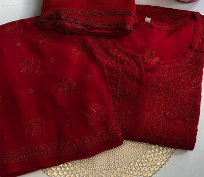 Red Elegant Viscose Lucknow Chikankari Handwork Ensemble (Latest)
