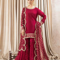 Red Faux Georgette Gharara Set for Women – Embroidered Top & Dupatta Included