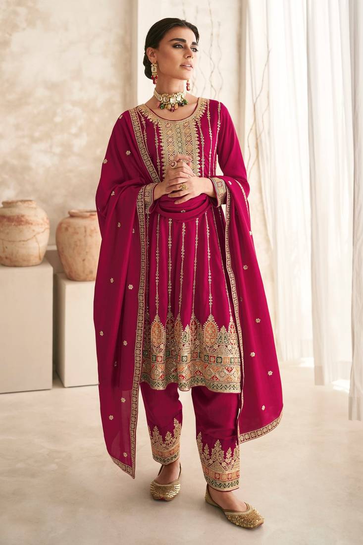 Red Silk Afghani Pant Salwar Kameez with Dupatta