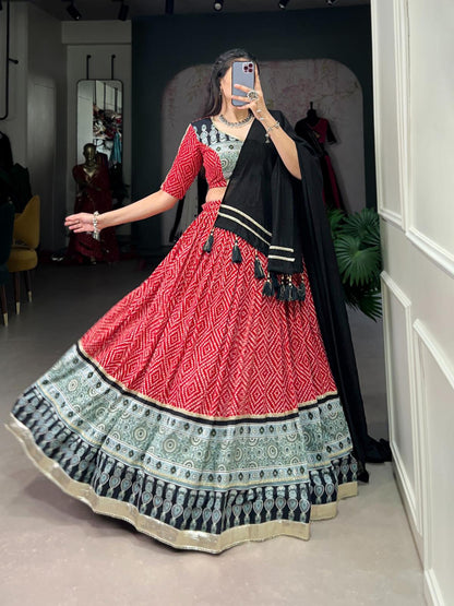 Red Bandhej and Ajrakh Print Rayon Navratri Chaniya Choli with Chanderi Dupatta