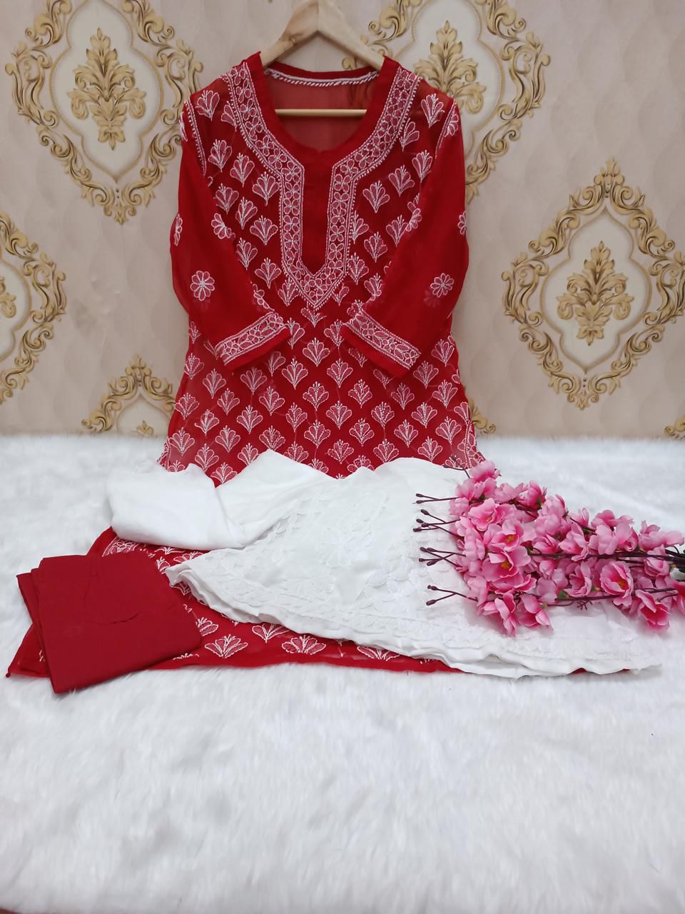 Red Lucknawi Chikankari Georgette Full Jaal Sharara 4 Pc Set