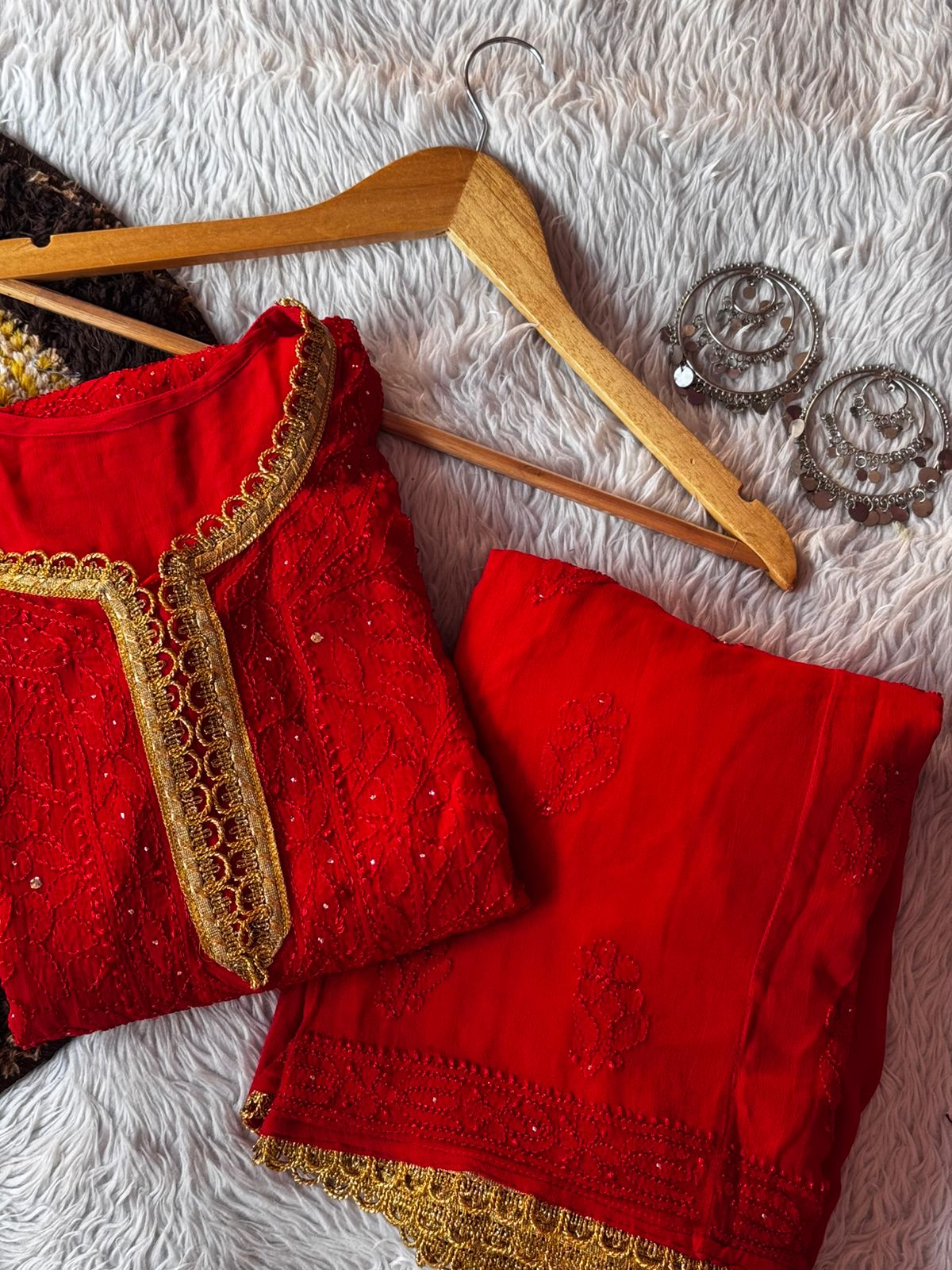 Red Premium Lucknow Chikankari Viscose Kurta, Palazzo & Dupatta Set with Mukaish and Lace Work