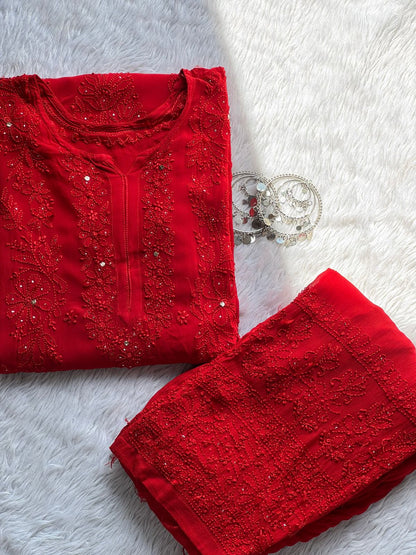 Elegant Red Viscose Lucknow Chikankari Mukaish Work Set